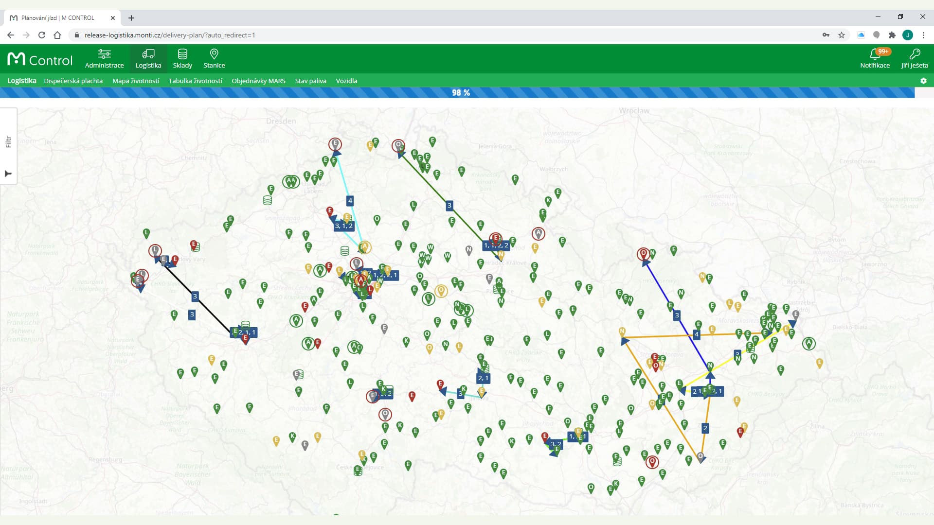 Mapa ČR, kde jdou vidět závozy pohonných hmot software Monti Logistika